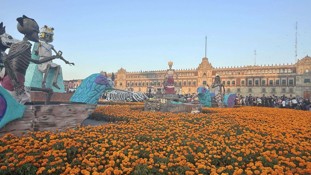 Ofrenda rodeada de flores de cempasúchil