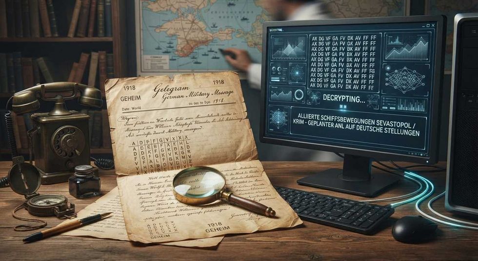 Old documents and a decryption screen with a vintage phone and magnifying glass.