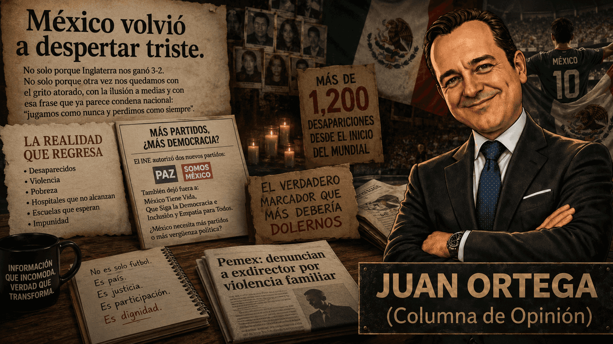 Opinion column layout with headlines and smiling man, Mexican flags in background.