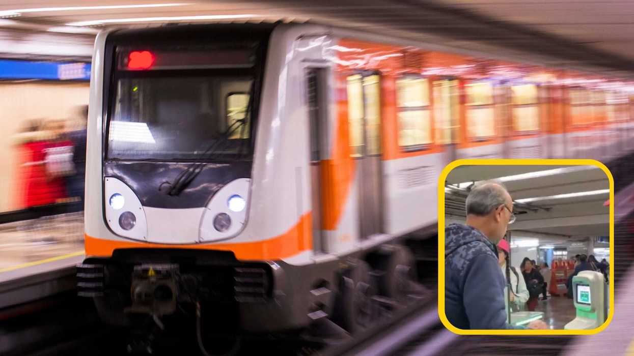 Orange and white metro train arriving; inset shows a person by a ticket machine.