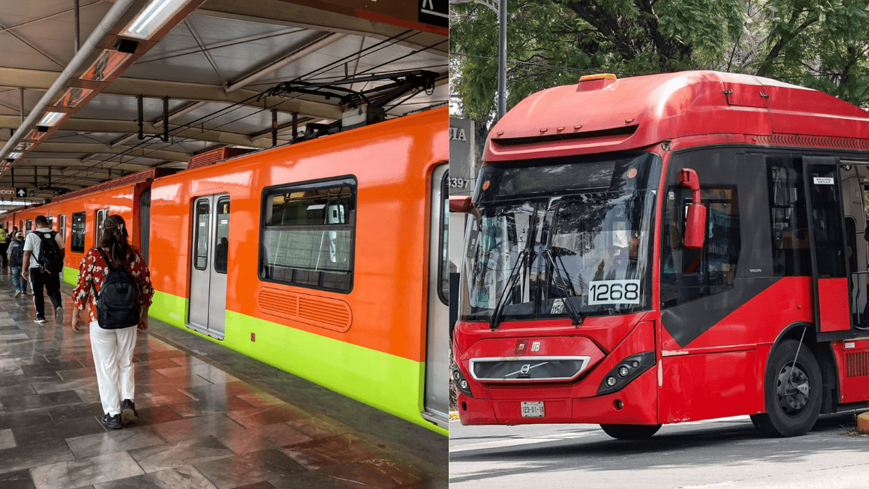 Orange metro train and red bus at a station, people walking along the platform.