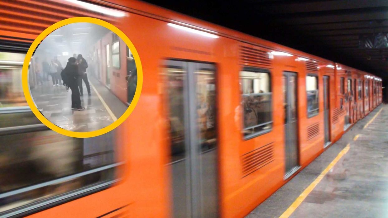 Orange subway train departing, inset shows people standing on a smoky platform.