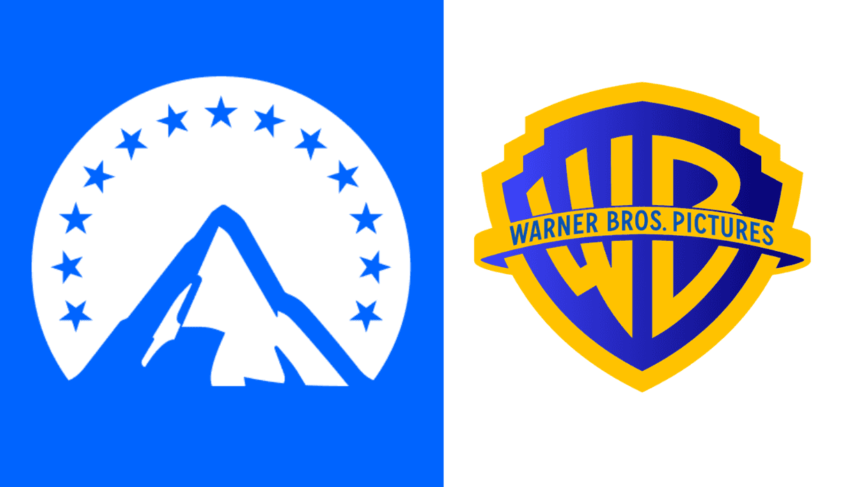 Paramount and Warner Bros. logos side by side on blue and white backgrounds.