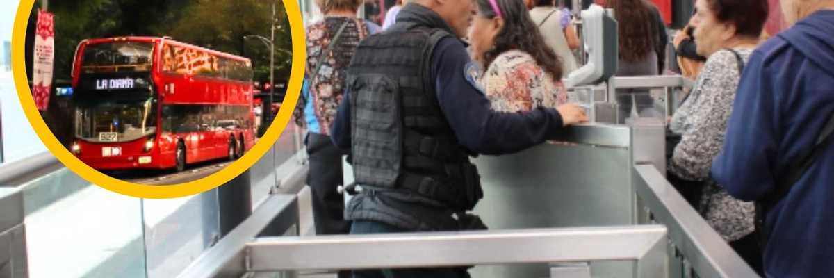 People in a bus station queue; inset shows a red double-decker bus labeled "La Diana."