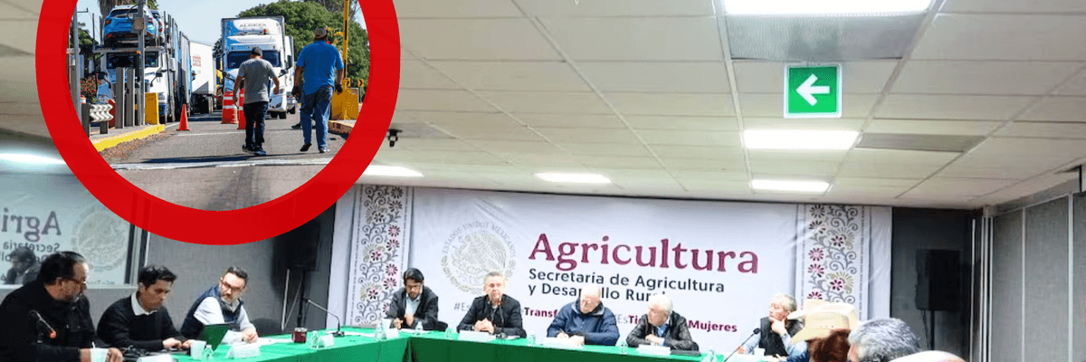 People in a meeting; inset of trucks in red circle.