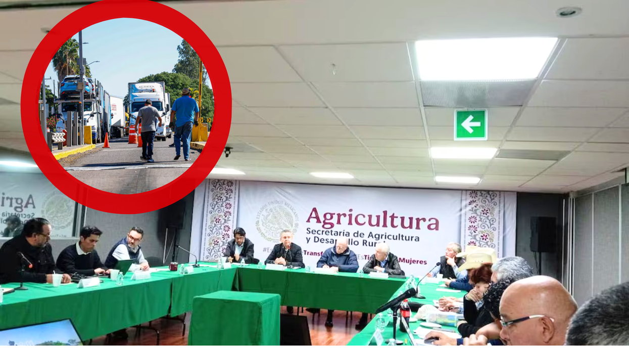 People in a meeting; inset of trucks in red circle.