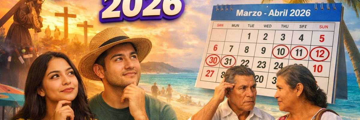 People pondering Semana Santa 2026 dates with calendar and beach background.