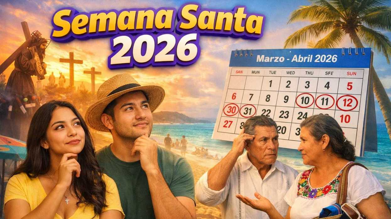 People pondering Semana Santa 2026 dates with calendar and beach background.