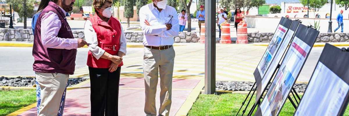 People viewing outdoor display boards on a sunny day, with trees and construction cones nearby.