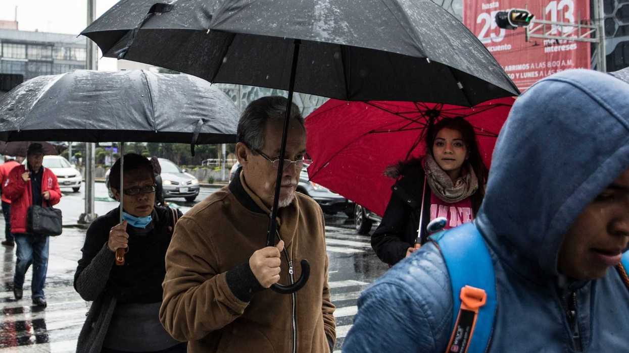 People walking in the rain with umbrellas on a city street.