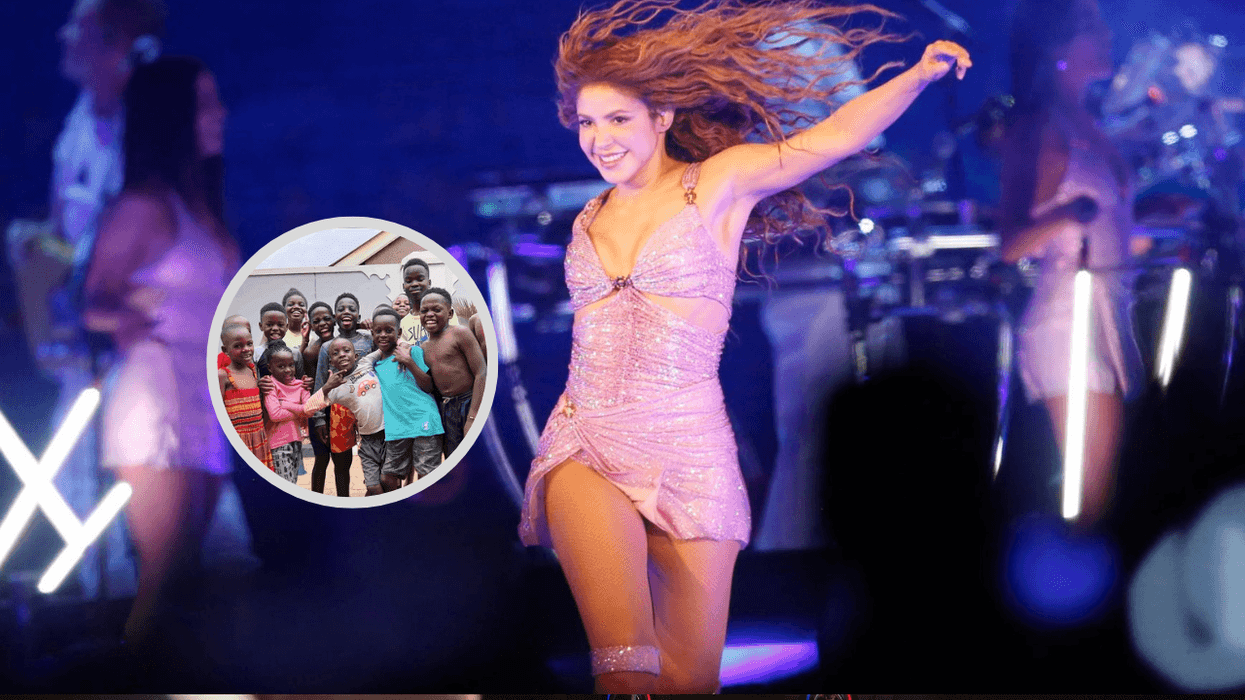 Performer dancing on stage with an inset photo of smiling children in a group.