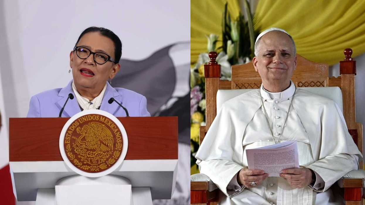 Person at podium and clergy member seated, separate images side by side.