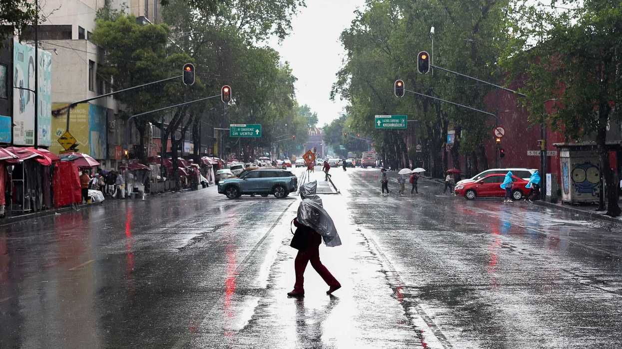 Person crosses rainy street with umbrella, surrounded by cars and pedestrians.