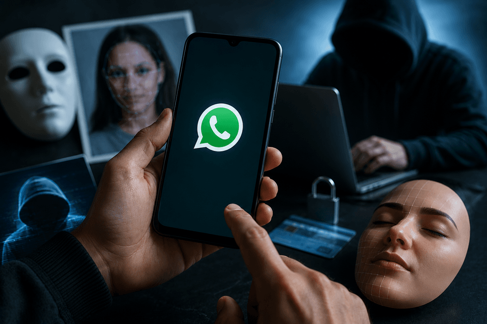 Person holding phone with WhatsApp logo, hacker, masks, and identity theft elements in background.