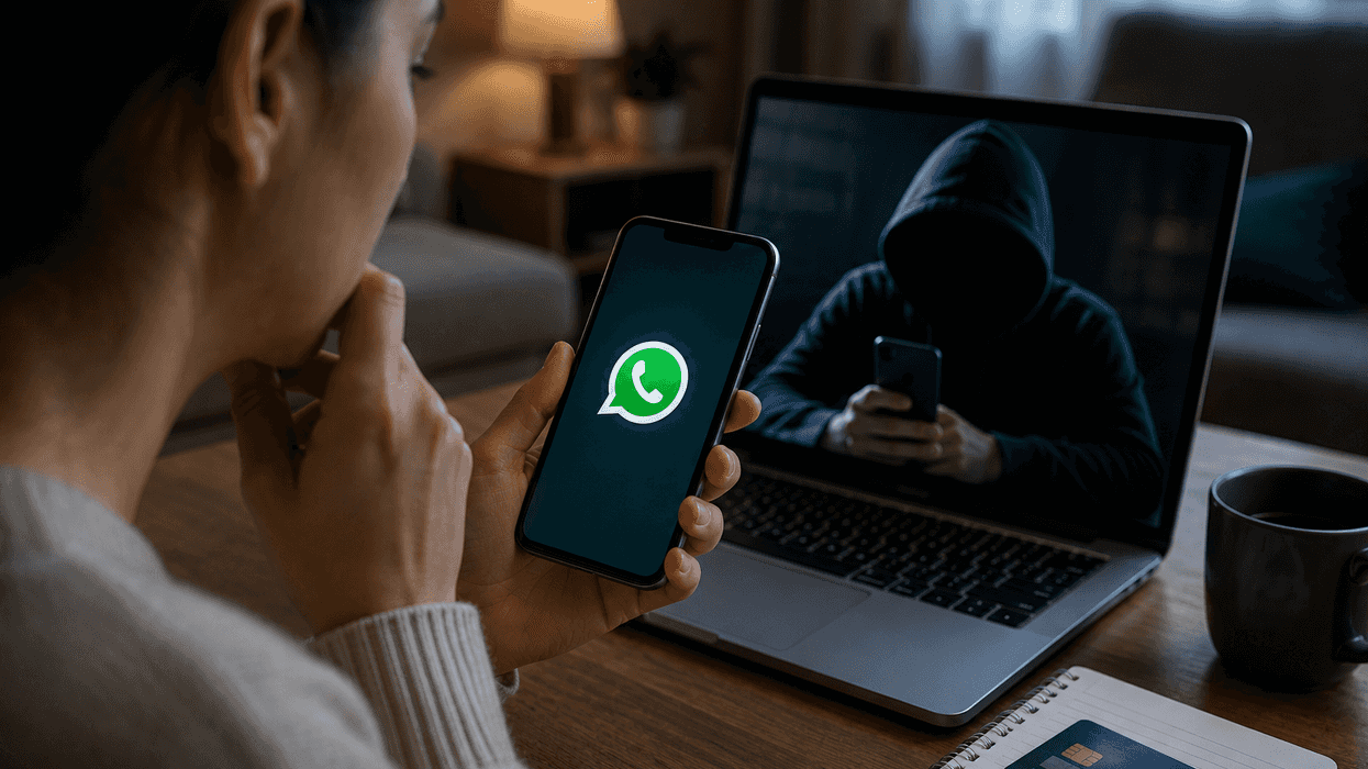 Person holding phone with WhatsApp logo, hacker on laptop screen in background.