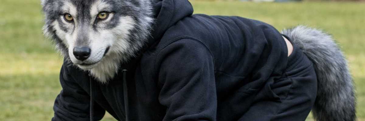 Person in a realistic wolf costume crouching on grass in a park.