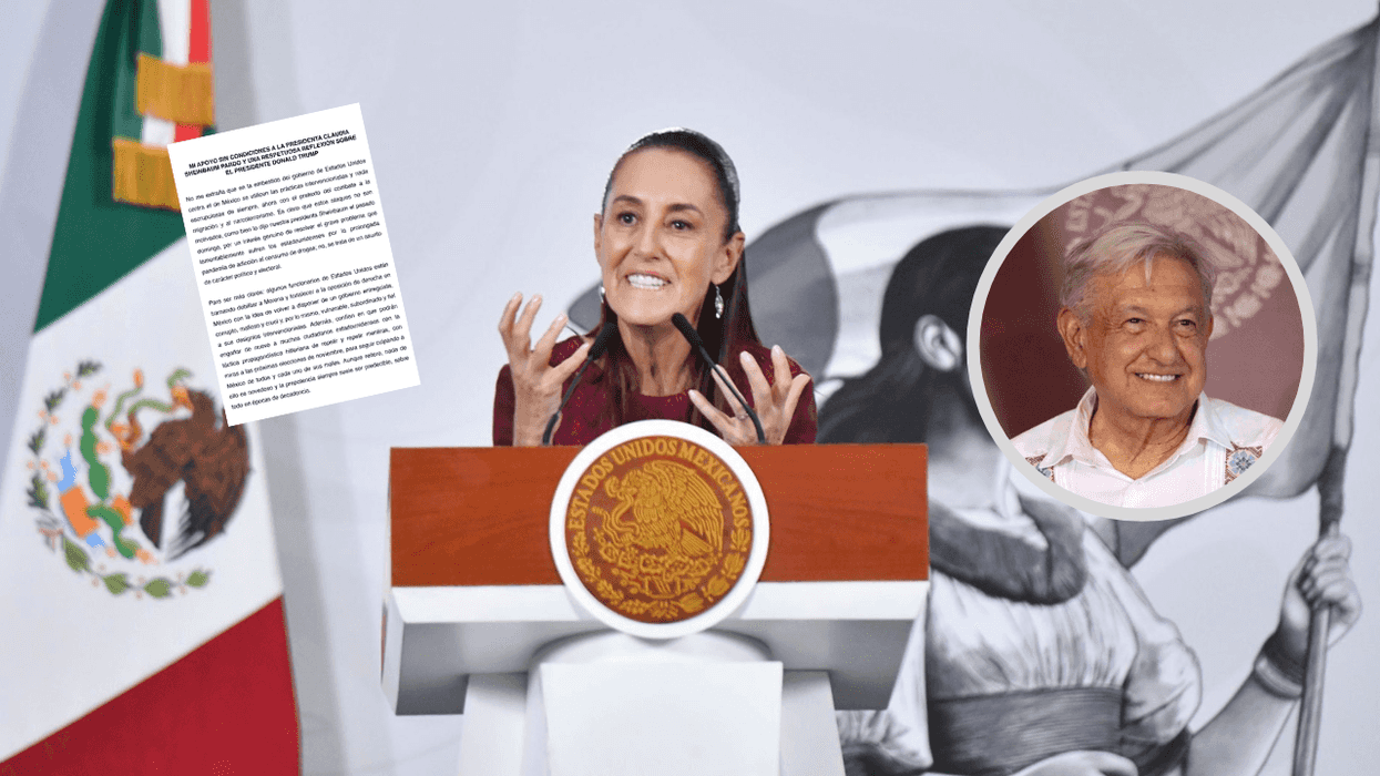 Person speaking at podium with emblem; Mexican flag; inset image of another person smiling.
