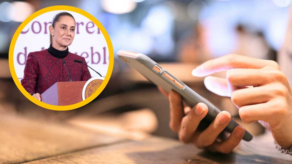 Person using a smartphone with an inset of a woman speaking at a podium.