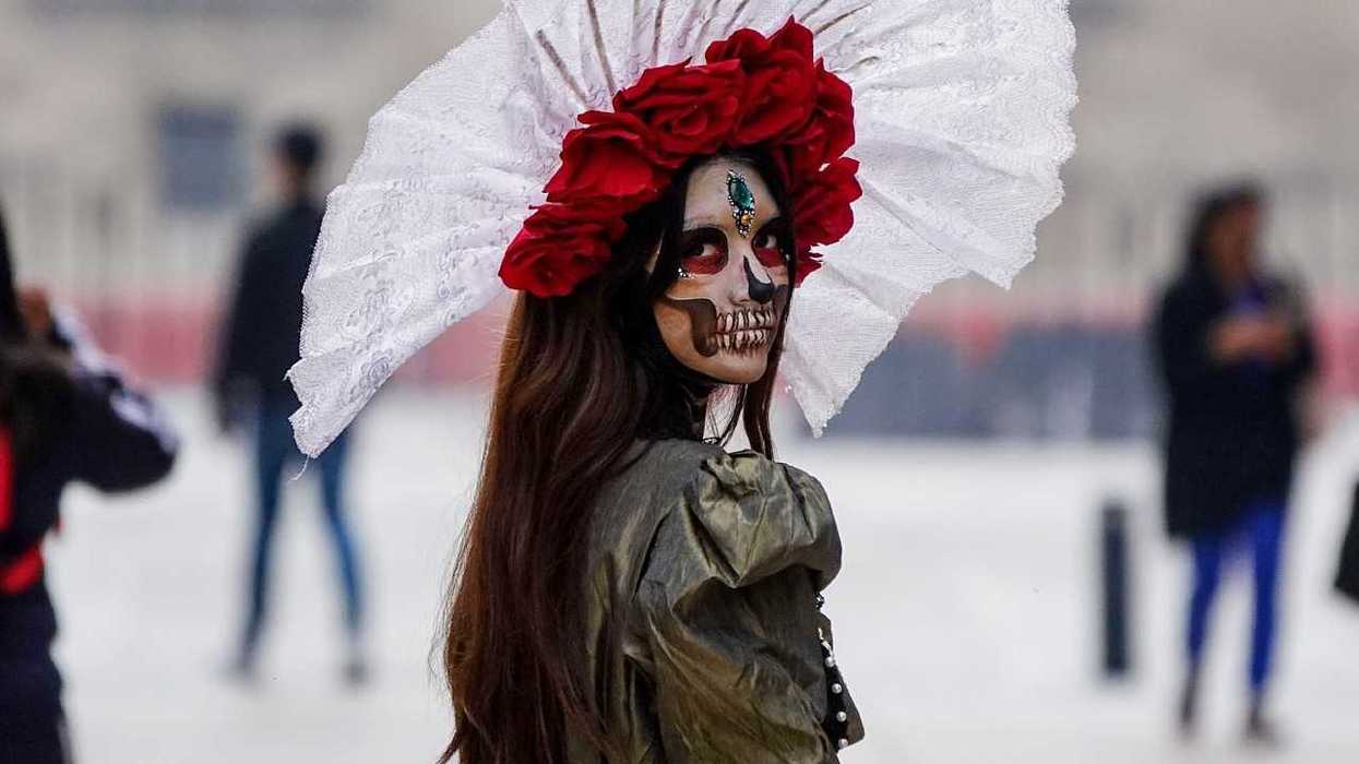 Person with Day of the Dead makeup, red flowers, white veil, looks over shoulder.