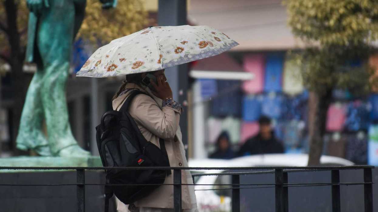 Person with umbrella talking on phone, standing near a statue on a rainy day.