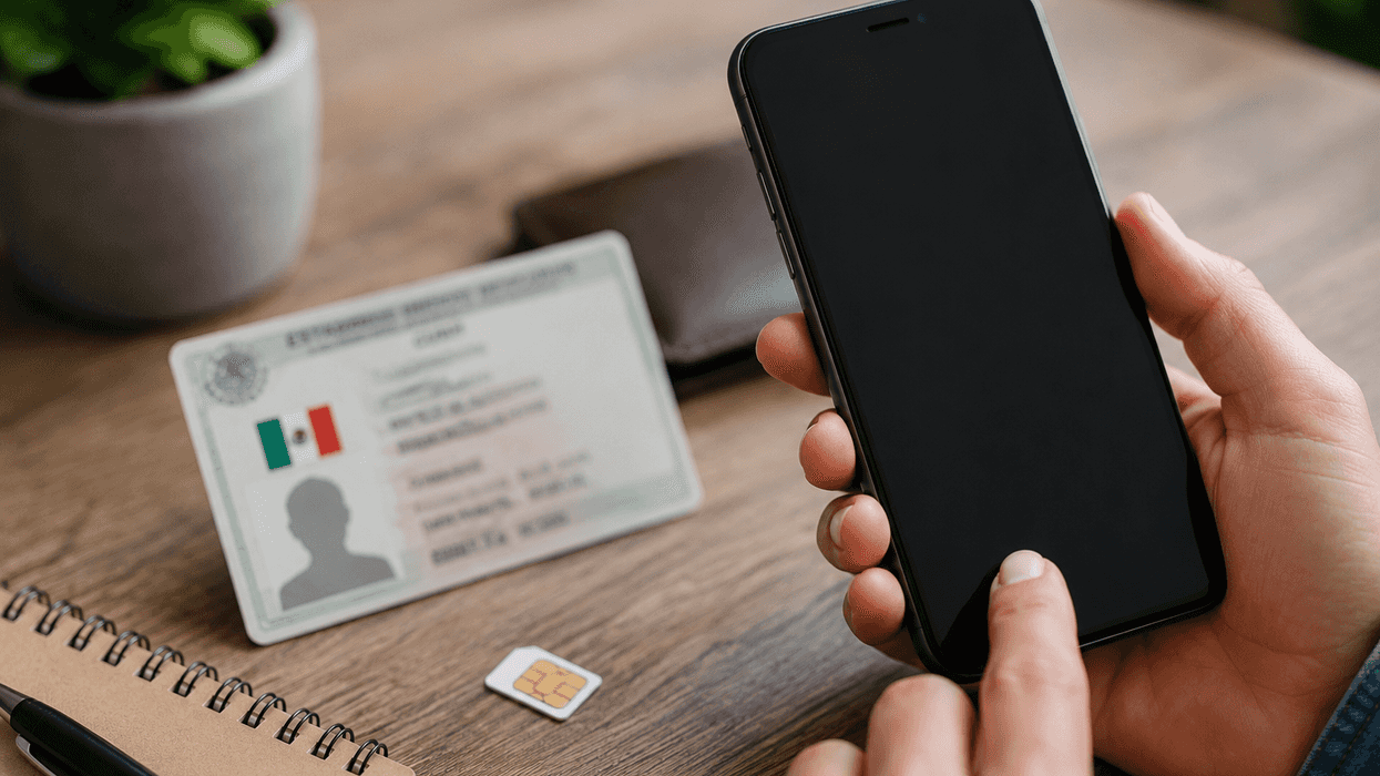 Persona con un celular junto a una identificación mexicana y una tarjeta SIM, en referencia a la vinculación de líneas telefónicas con la CURP.