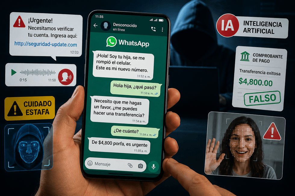 Phone in hand shows a scam WhatsApp message, with fraud alerts around it.