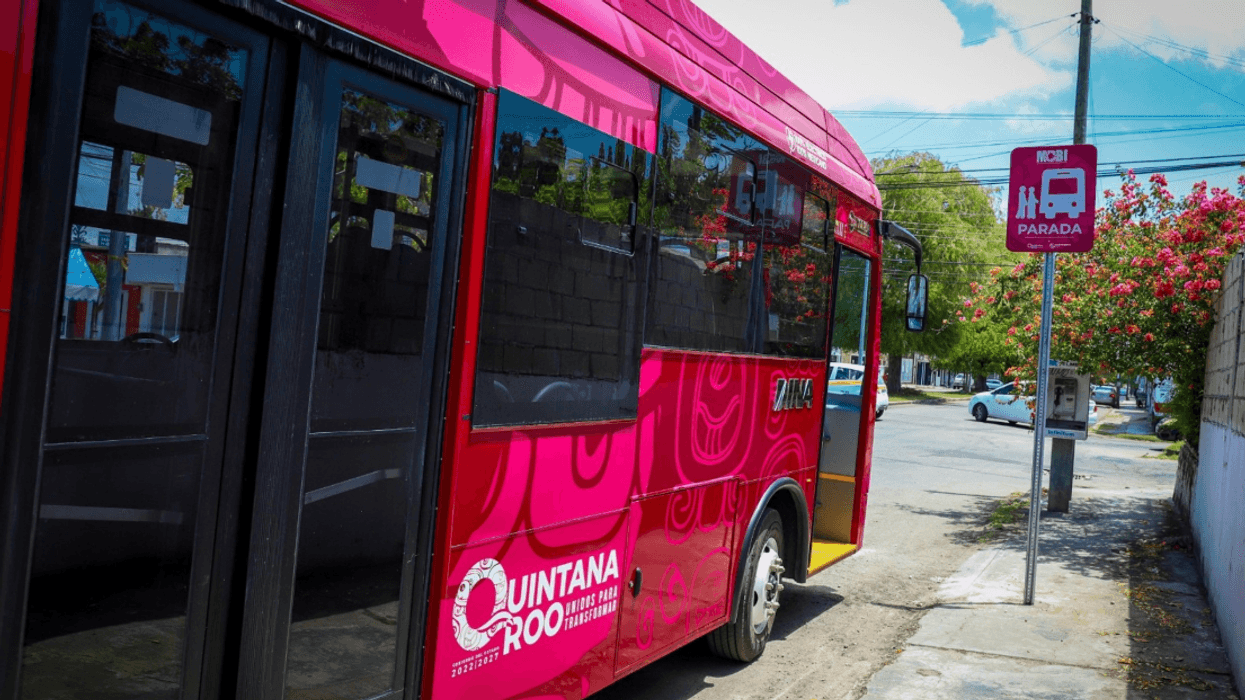 Pink bus at a bus stop in Quintana Roo, Mexico, under a clear blue sky.