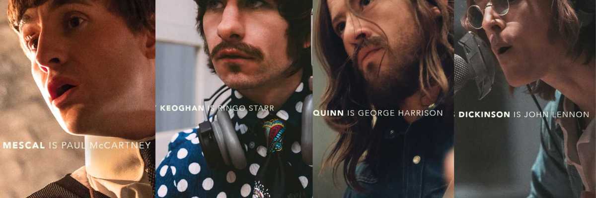 Portraits of actors as Paul, Ringo, George, and John from a film.