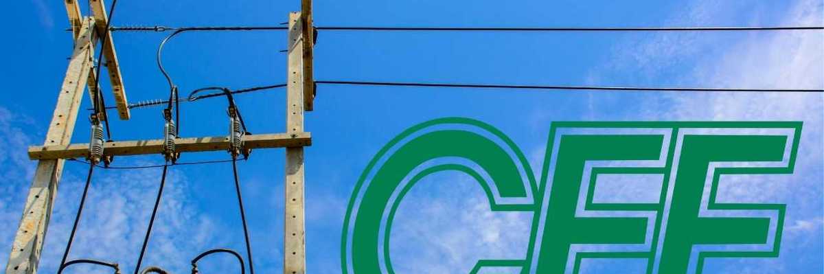 Power lines and poles against a blue sky with "CFE" text.