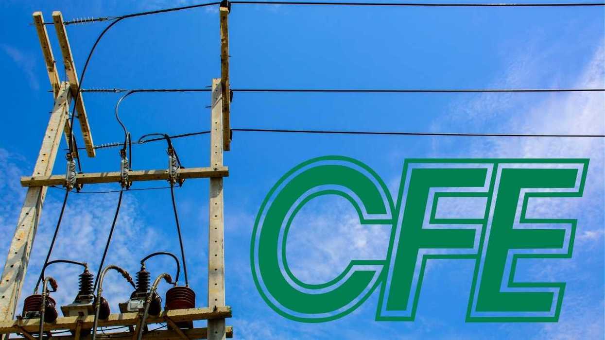 Power lines and poles against a blue sky with "CFE" text.