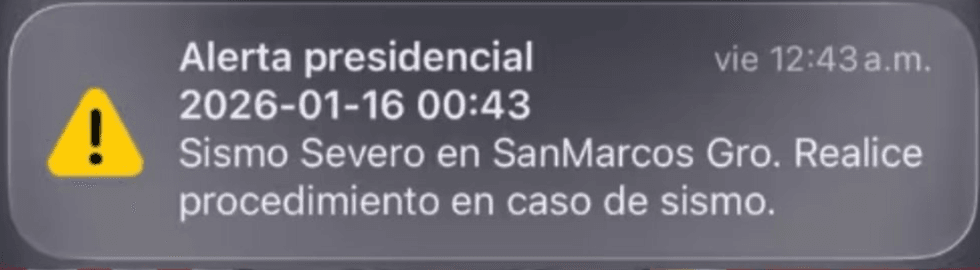 Presidential Alert: Severe earthquake in San Marcos, Gro. Follow earthquake procedure.