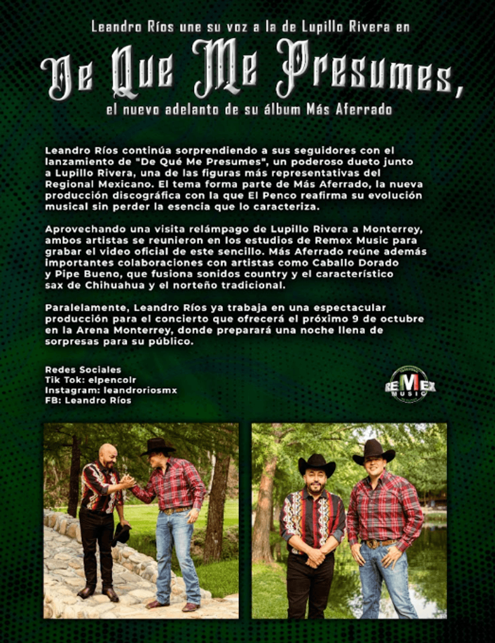 Promotional poster for "De Que Me Presumes" duet by Leandro R\u00edos and Lupillo Rivera.