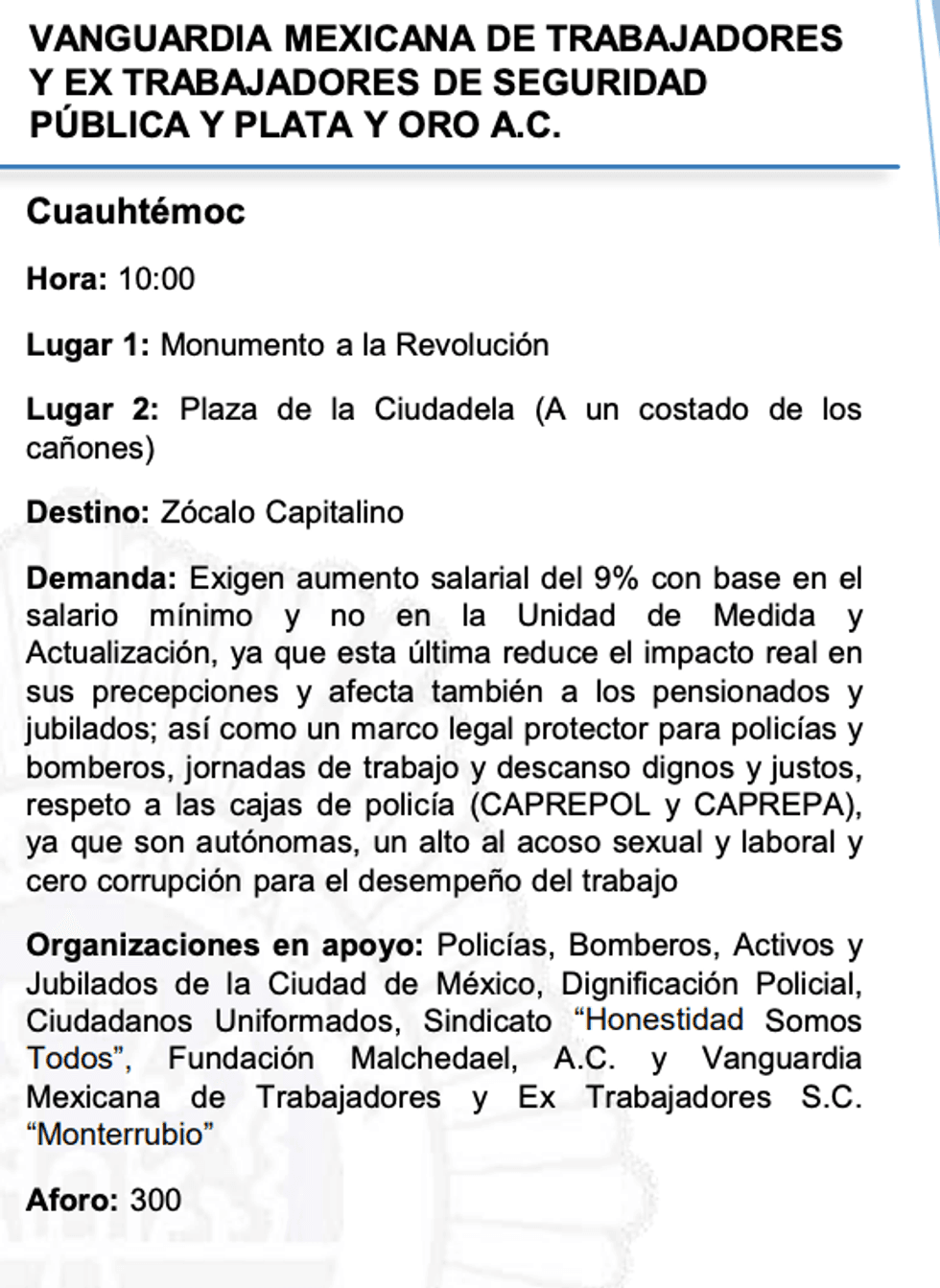 Protest flyer: demands 9% wage increase, legal protections, against corruption.