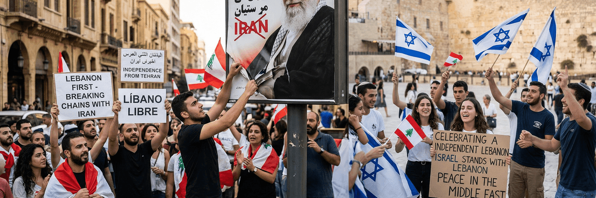 Protesters hold Lebanese and Israeli flags, with signs against Iranian influence.