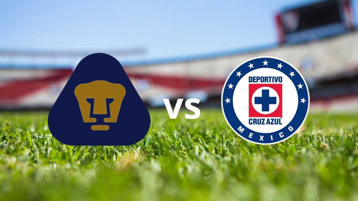 Pumas vs Cruz Azul logos on a grassy soccer field background.