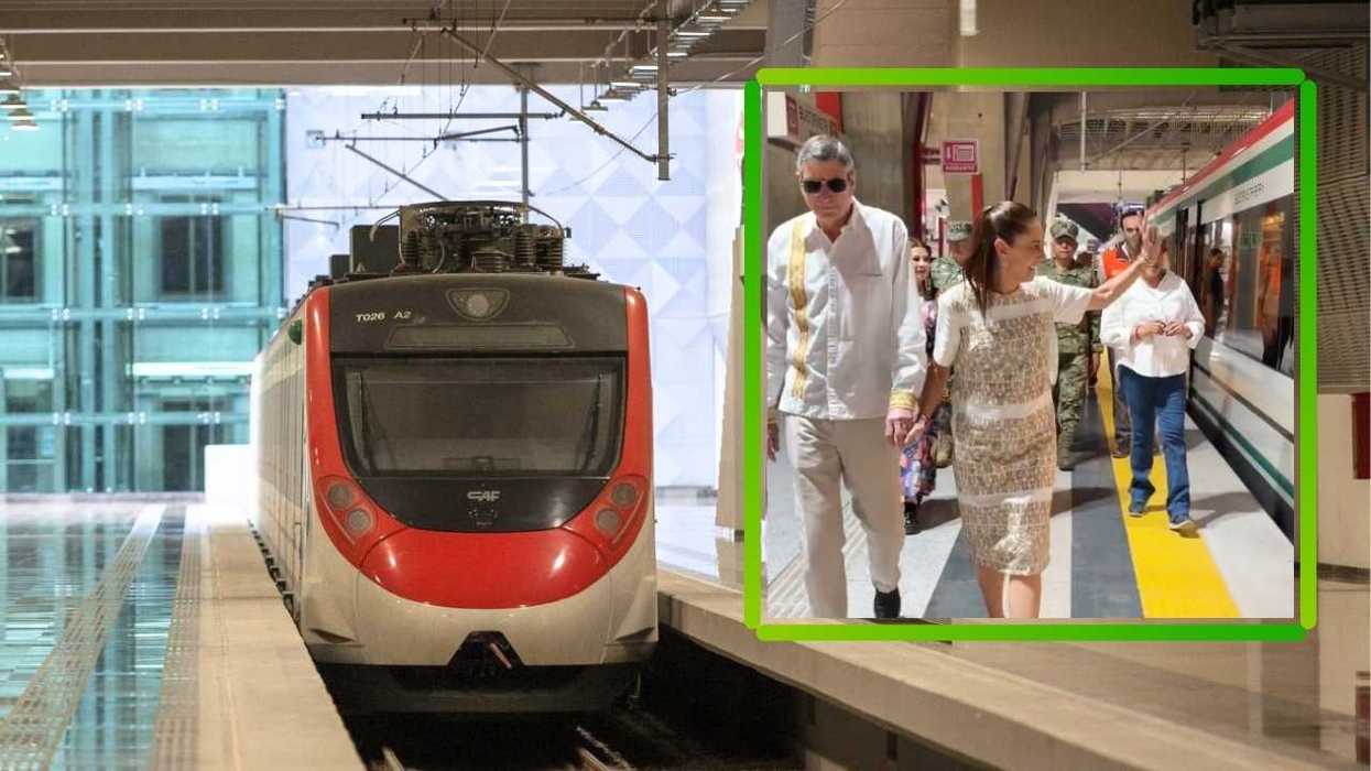 Red and white train in a station; people walking on a platform in an inset.