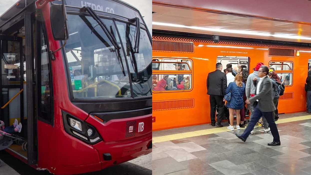 Red bus and orange metro with people boarding and waiting on the platform.