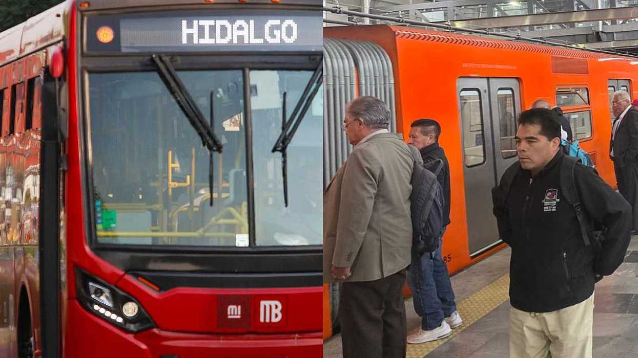 Red bus labeled HIDLAGO and orange subway train with passengers boarding.