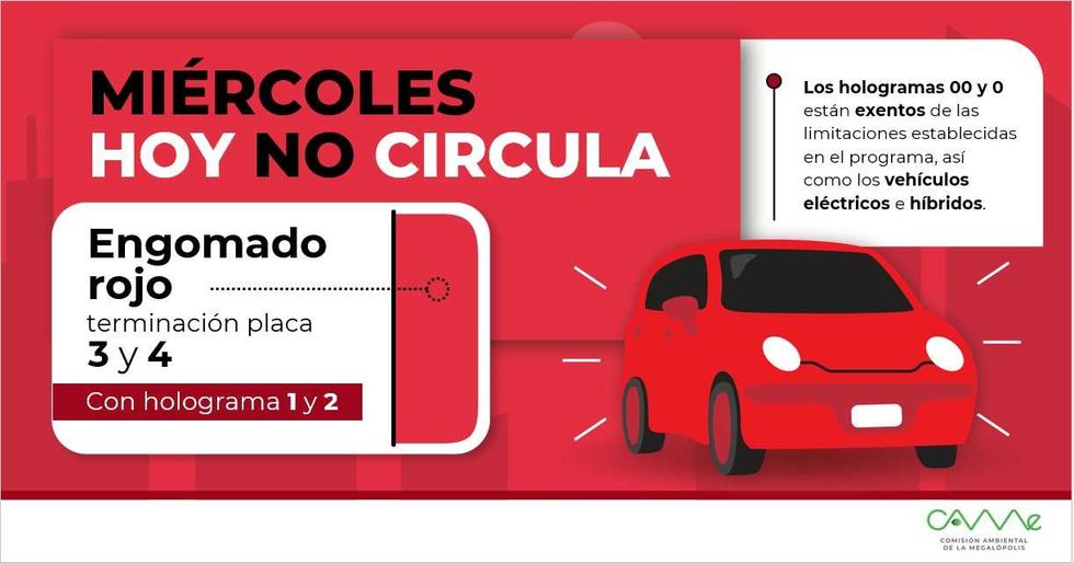 Red car, text: "Hoy no circula mi\u00e9rcoles, engomado rojo, placas 3 y 4, holograma 1 y 2."