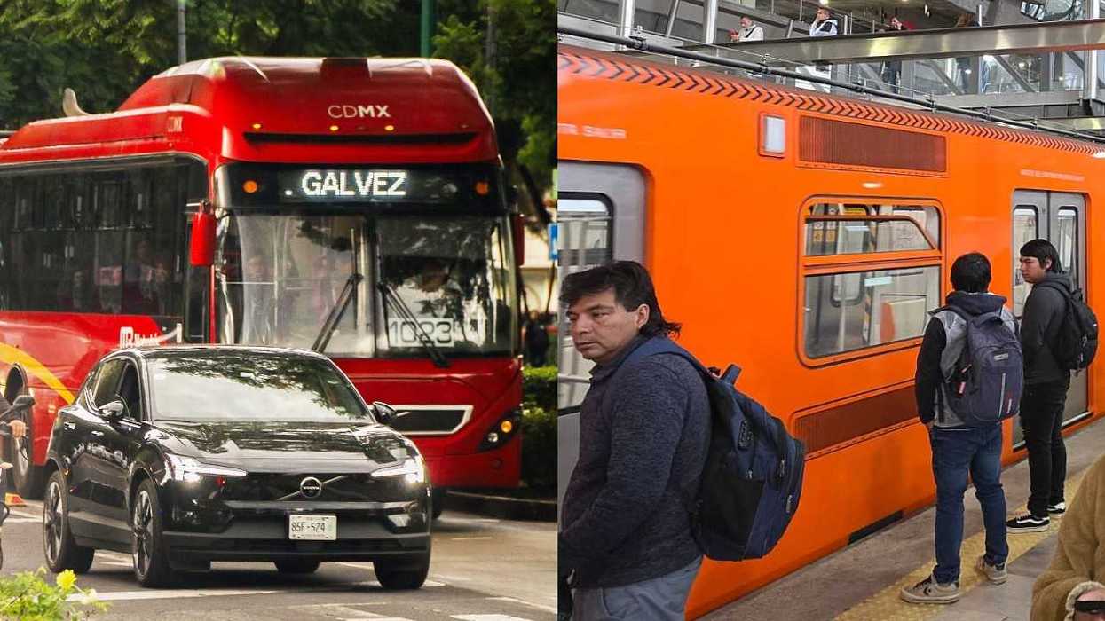 Red CDMX bus and orange subway with commuters in Mexico City.