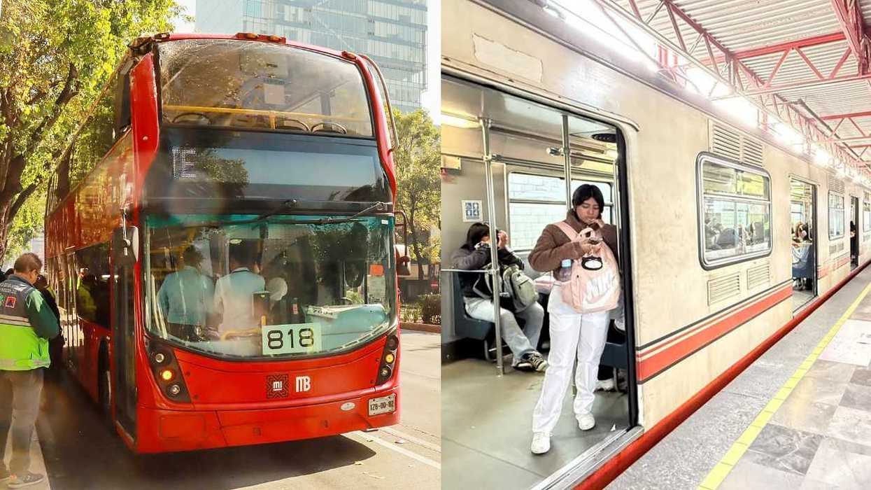 Red double-decker bus and beige subway train at separate stops in an urban setting.
