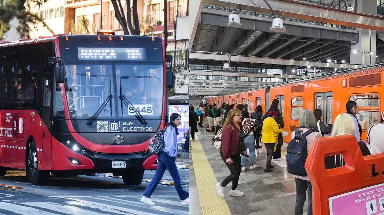 Red electric bus and orange subway train station bustling with passengers.