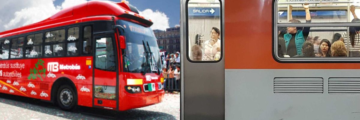 Red Metrobus and crowded metro train, side by side, against urban backdrop.