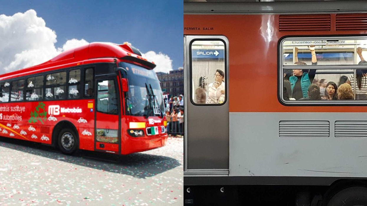 Red Metrobus and crowded metro train, side by side, against urban backdrop.