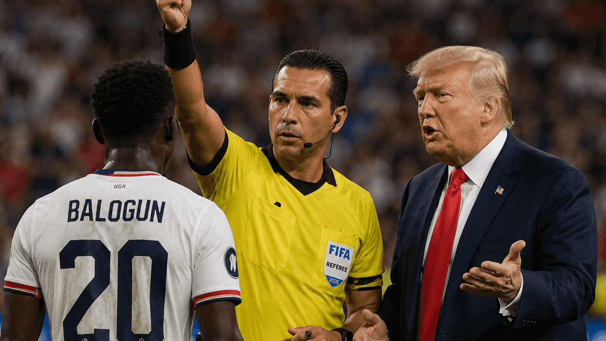Referee shows a red card to soccer player Balogun while another man gestures beside them.