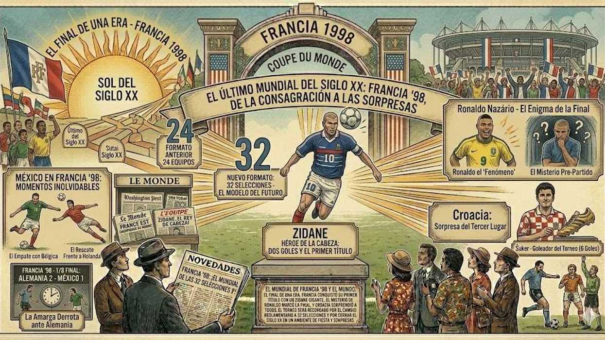 Retro collage illustration of the 1998 World Cup in France, highlighting key events.