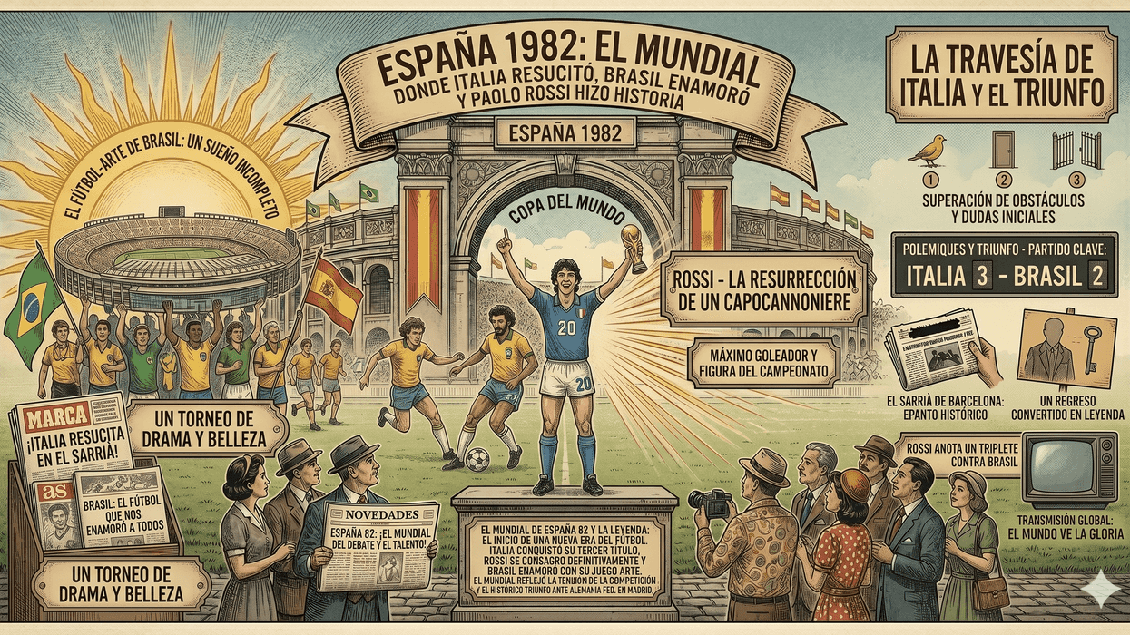 Retro illustration celebrating Italy's 1982 World Cup victory and Paolo Rossi's achievements.