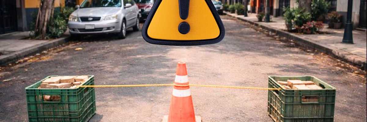 Roadblock with cone and crates on urban street, warning sign above.