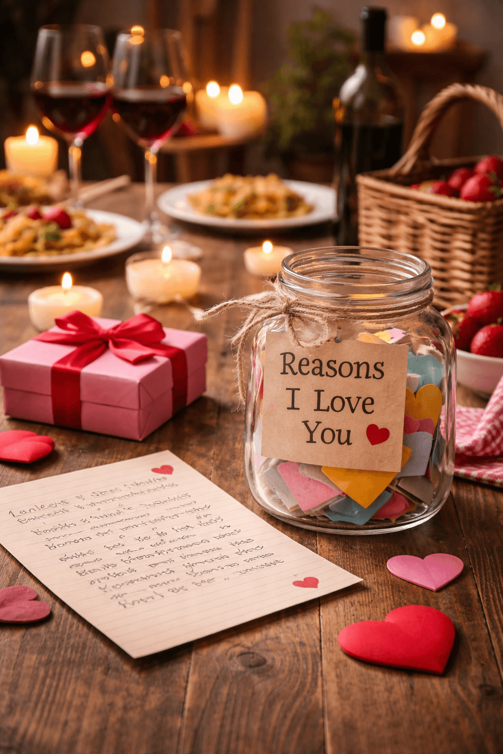 Romantic dinner setup with a jar of love notes, wine, candles, and a gift box.
