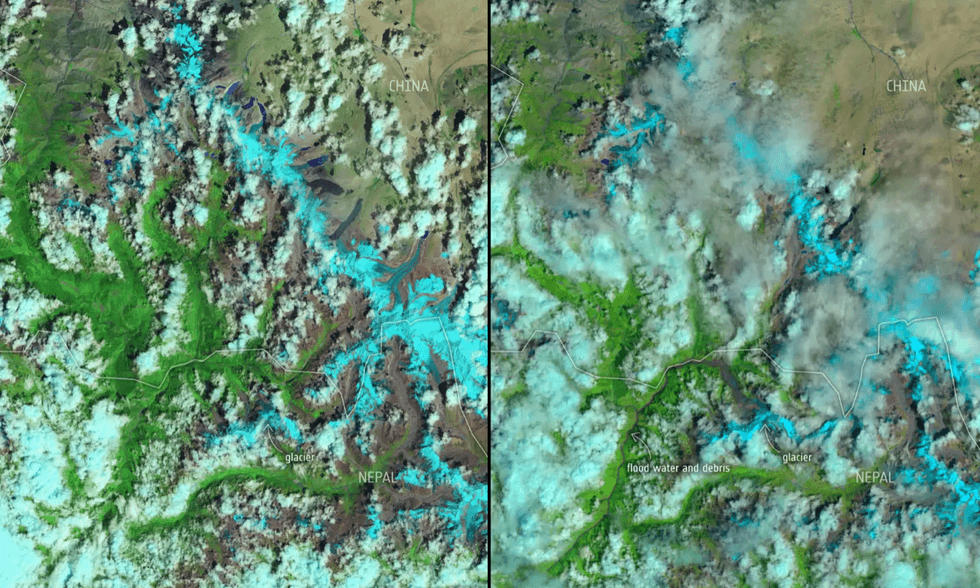 Satellite image showing flood impact in Nepal and China with glaciers and debris.